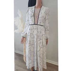 Elliatt Off White Floral Black Print Open Lace V- Neck Long Sleeve Maxi Dress